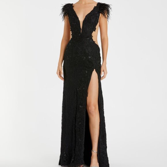 NWT $698 Mac Duggal [0] 67782 Feather Cap Sleeve Lace Gown Black Maxi Wedding